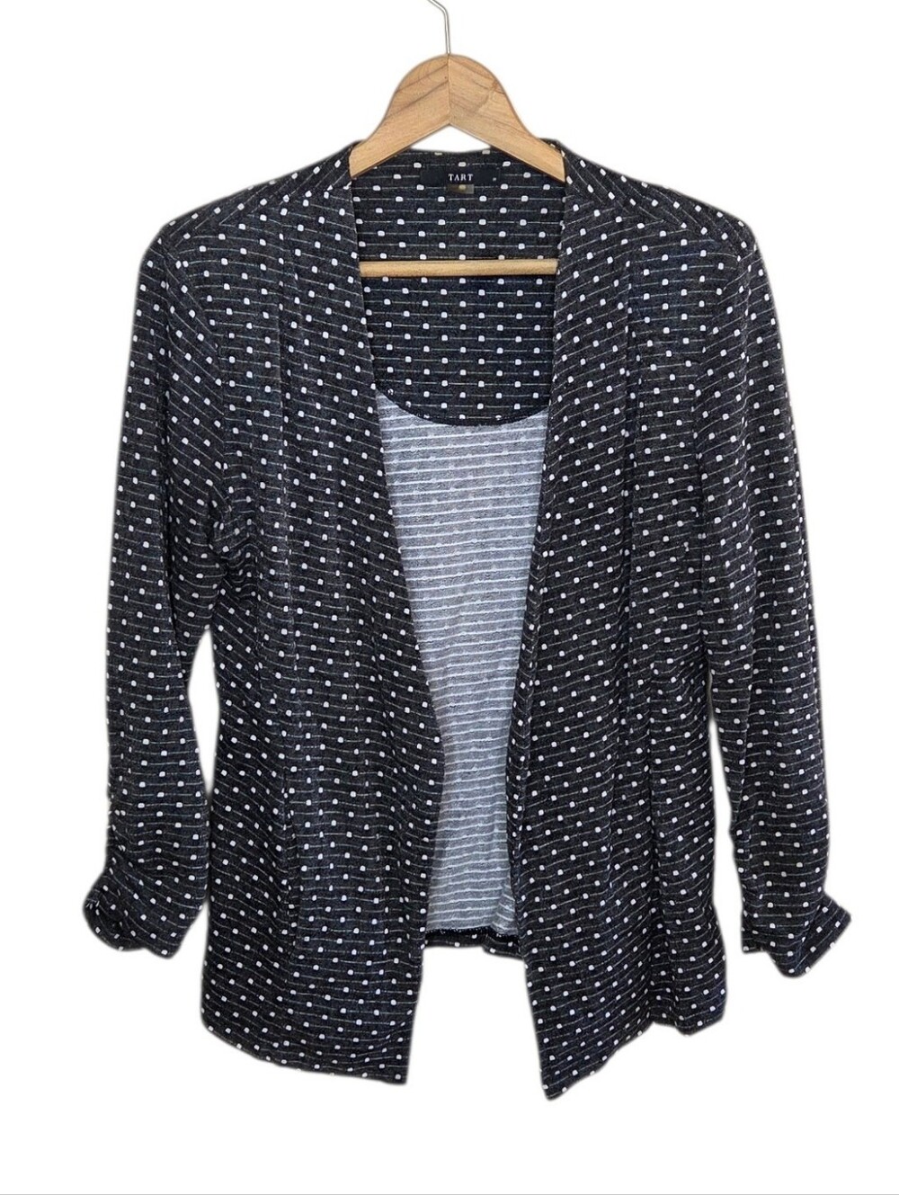 Tart Heathered Dark Gray & White Dot Open Blazer 3/4 Ruched Sleeves Size Medium